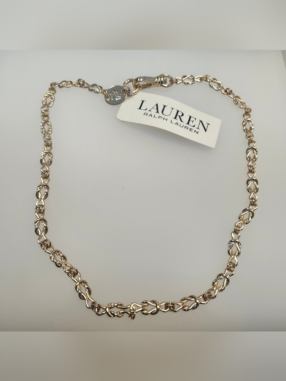 NWT Ralph Lauren Gold Tone Logo Knot Chain Collar Necklace